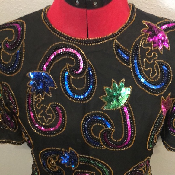 Vintage Lawrence Kazer Evening top Women's PS formal sequins cocktail 100% silk - Picture 2 of 12